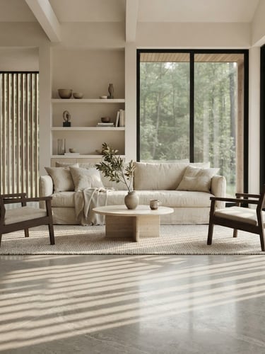 Straight-on architectural crop of a sunlit living room with natural linen textures, soft morning daylight casting long shadows on polished stone floors.