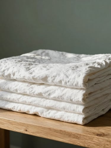 Intimate close-up of folded linen sheets resting on a sunlit oak bench, soft diffused morning daylight, minimalist composition