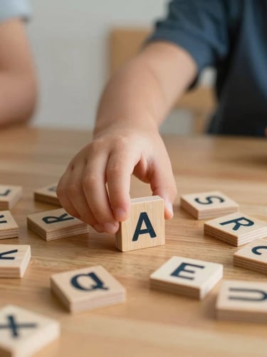 A tight, natural-light shot of a child's hand placing wooden phonics letter tiles on a warm table, guided by a tutor's hand.