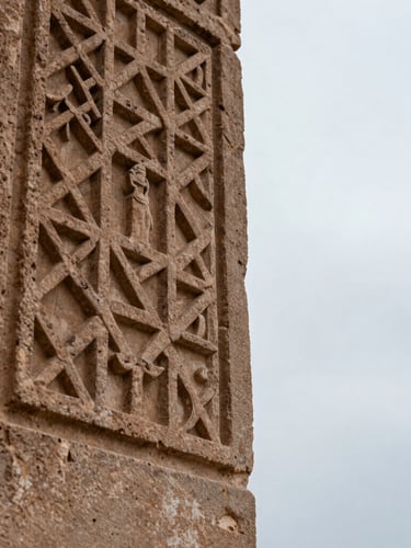 Extreme close-up of ancient stone textures in a boutique riad in Marrakech, soft overcast daylight highlighting the intricate carvings, expansive negative space on the right.
