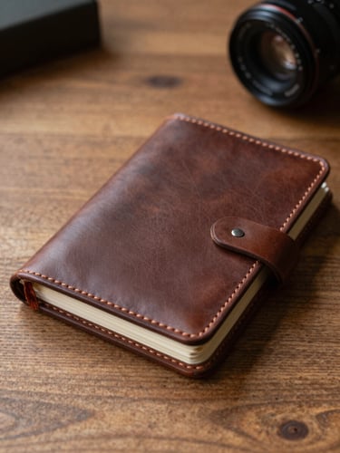 Close-up of a hand-stitched leather travel journal on a heavy oak table, soft natural side light, warm shadows