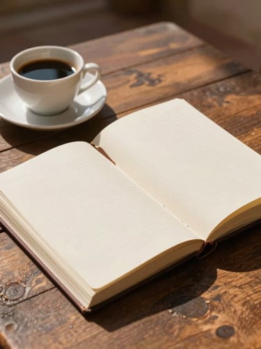 A sun-drenched wooden table in a Tuscan courtyard with an open linen-bound journal, a cup of black coffee, and soft morning shadows, shot from above.