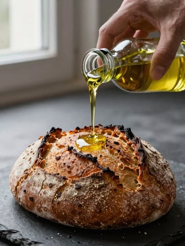 Extreme close-up of hands pouring golden local olive oil over freshly baked rustic sourdough bread on a dark stone surface, soft morning light filtering through a window, shallow depth of field.