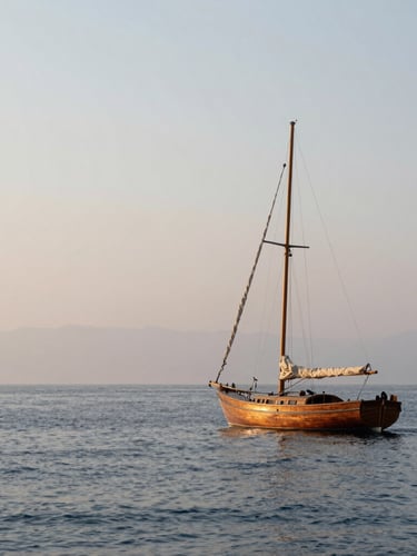 Wide panoramic shot of a solitary wooden sailboat on a misty, calm Aegean sea at dawn, soft natural light, minimalist composition, negative space on the left.