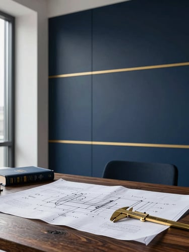 Architectural editorial photography of a modern engineering office, blueprints spread across a dark oak table, brass calipers and technical books, soft side lighting from a large window, deep navy tones, sharp focus.