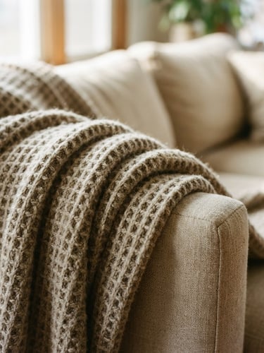 Close-up of a heavy oatmeal waffle blanket draped naturally over a linen sofa, soft morning window light, shallow depth of field, 35mm