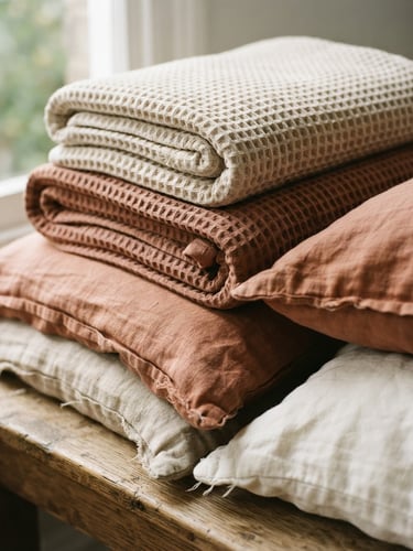 A stack of folded heavy waffle blankets and rumpled linen pillow covers in soft oatmeal and terracotta tones, side-lit by gentle morning window light, shallow depth of field