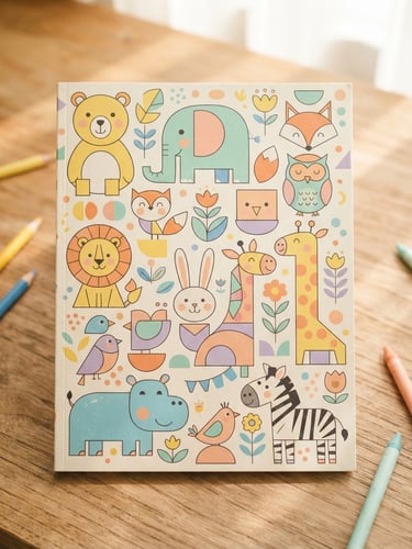 Top-down flatlay of a colorful PAUD workbook cover with cute geometric animal illustrations, warm natural lighting