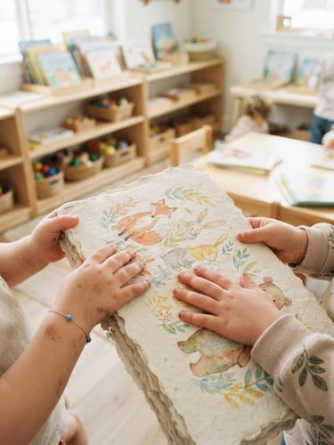Close-up of children's hands holding a thick textured book page, bright and airy classroom setting in the background with books displayed on low wooden shelves, soft morning natural light, warm pastel tones, clean editorial photography, 35mm