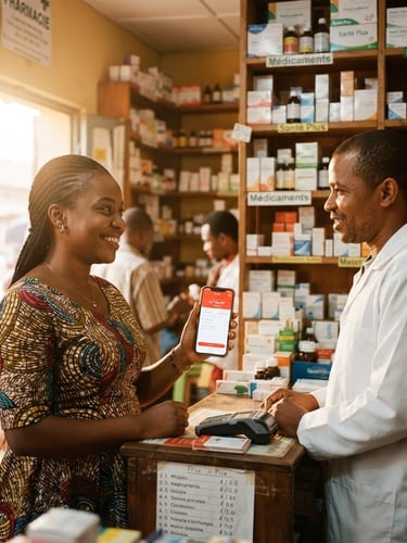 A warm, natural environmental portrait of a local partner pharmacy in Kinshasa, golden equatorial daylight filtering through the doorway, a customer smiling while holding a mobile phone showing a secure credit balance, 35mm film look.