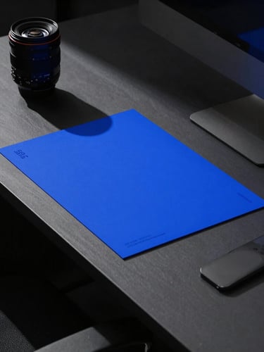 High-contrast editorial photography of a dark-toned design studio workspace, sharp shadows, electric blue light spilling across physical brand mockups on a desk, 35mm lens