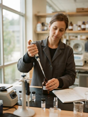 High-end veterinary lab, scientist's hands working on a formulation, soft natural window light, shallow depth of field, muted earth tones, 35mm film look, modern equipment, clinical but warm atmosphere.
