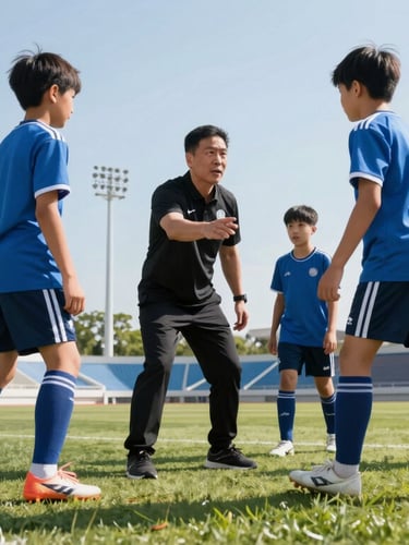 Dynamic low angle shot of a coach instructing young athletes on a pristine outdoor field, bright natural daylight, high contrast, crisp focus
