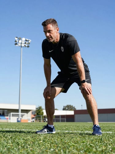 Focused athletic coach in active instruction on a bright outdoor training field, dynamic low angle, high-contrast crisp colors.