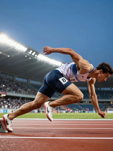 Dynamic low angle shot of a track athlete in modern technical apparel exploding from starting blocks, bright stadium floodlights, high-contrast crisp colors, sharp focus.