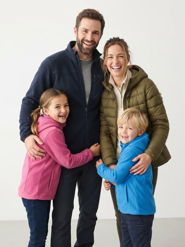 Bright retail photography of a happy young family wearing clean, premium outdoor fleeces and jackets, soft natural daylight, white background
