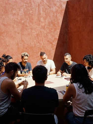 A group of local queer artists collaborating around a large table in a sunlit courtyard, vibrant terracotta walls, warm editorial photography.