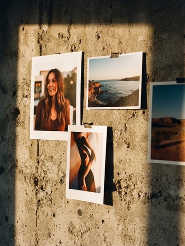 Close-up of contemporary photography prints hanging on a raw concrete wall, warm golden hour sunlight casting dramatic shadows across the texture, 35mm film grain.