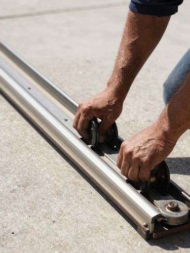 Technician inspecting a garage door track, close-up on the track and rollers, bright natural daylight, rich industrial tones, sharp focus, 35mm. Focus on the worn parts.