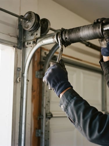 Technician's hands working on a garage door torsion spring, close-up, bright natural daylight, rich industrial tones, sharp focus, 35mm. The technician is wearing work gloves.