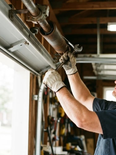 Technician's hands expertly replacing a heavy-duty torsion spring on a garage door, bright natural daylight, rich industrial tones, sharp focus, 35mm