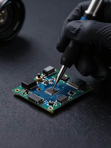 Macro shot of a technician using a precision tool on a circuit board, cool blue accent highlights, dark slate background, sharp focus