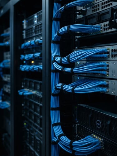 Sleek close-up of organized server rack with clean blue cable management, dark moody studio lighting, sharp focus, 50mm lens