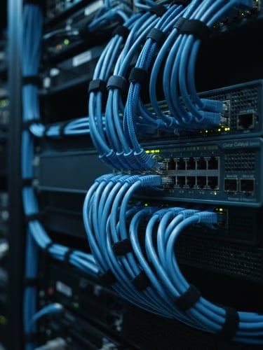 Sleek close-up of high-end network switch with organized blue ethernet cables, dark moody studio lighting, cool blue highlights, sharp focus