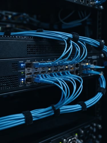 Sleek close-up of high-end network switch with blue fiber optic cables plugged in, dark moody studio lighting, macro details