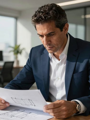 Close-up portrait of Carlos A. Catarino in a sharp navy suit, reviewing architectural plans in a modern, side-lit office, high-contrast shadows, editorial style.