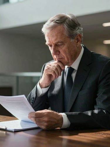 A high-contrast, natural side-lit portrait of a senior male advisor in a dark suit, looking down thoughtfully at a financial ledger on a dark oak table, modern architectural lines in the soft-focus background.