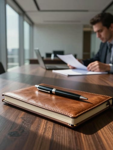 Wide environmental shot of a modern minimalist executive office with strong geometric leading lines, natural high-contrast side-lighting casting deep shadows, a physical leather notebook and premium pen resting on a dark oak desk, Carlos A. Catarino visible in soft focus background reviewing documents.