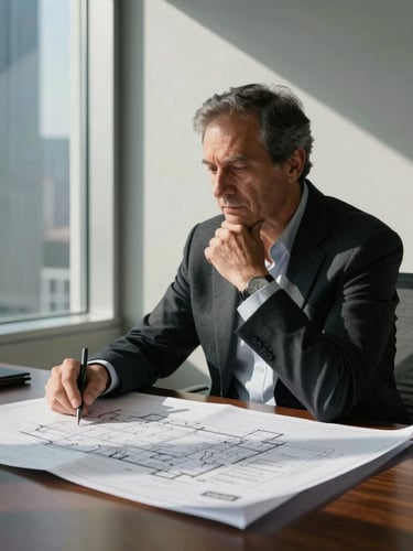 Editorial portrait of Carlos, a senior executive in his late 50s, in a modern high-rise office. He is looking thoughtfully over architectural blueprints and financial documents on a dark oak table. Natural, high-contrast side-lighting from a large window casts deep geometric shadows.