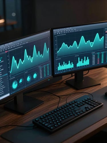 Angled isometric shot of a modern dark workspace, dual monitors displaying analytics dashboards with glowing cyan and teal line graphs, moody ambient lighting.