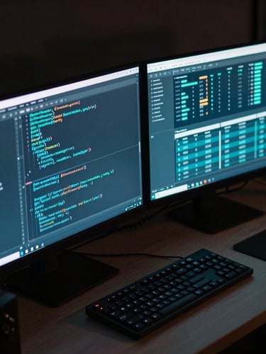 Angled isometric close-up of a dual-monitor workstation in a dark room, glowing cyan code editor on one screen, teal analytics dashboard on the other, moody low-key lighting.