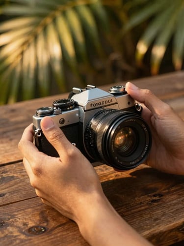 Close-up of hands holding a vintage camera on a rustic wooden table, warm golden-hour light filtering through tropical leaves, soft shadows, 35mm lens