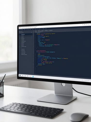 Minimalist desktop setup with a clean code editor showing structured code on a monitor, soft natural daylight, deep navy and cool gray tones, professional workspace, shallow depth of field, 35mm lens