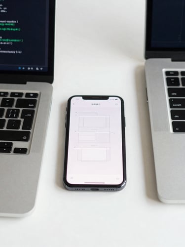 Minimalist flat-lay of a smartphone displaying wireframes next to a laptop with code editor, clean work surface, emerald green accents, daylight.