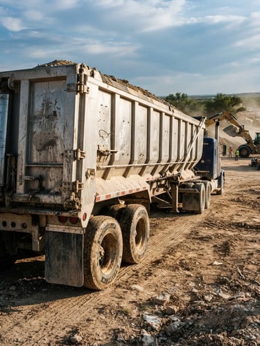 Low-angle wide shot of a rugged, heavy-duty aluminum dump trailer on a dusty Texas construction site, high-contrast metallic textures, dramatic natural sunlight, sharp focus, 35mm