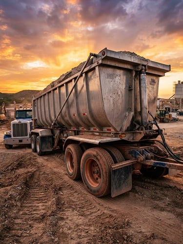 Low-angle wide shot of a massive Wink aluminum dump trailer on a rugged, dusty Texas construction site, dramatic sunset light reflecting off brushed metal surfaces, 35mm