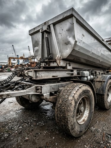 Low-angle wide shot of a massive silver dump trailer chassis under high-contrast overcast industrial skies, highlighting rugged metallic weld joints and heavy-duty tires.