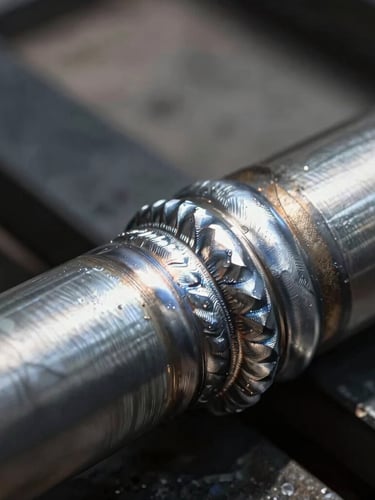Macro close-up of a clean silver aluminum weld joint meeting a thick black UHMW liner, dramatic industrial side lighting emphasizing raw textures