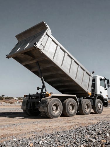Low-angle wide shot of a silver dump trailer fully raised in mid-dump on an uneven gravel jobsite, showing stable wheel placement under dramatic natural daylight.