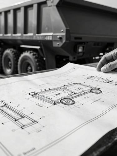 Black and white close-up of a trailer designer working on technical blueprints of a dump body, dramatic side lighting emphasizing paper texture and draft lines.