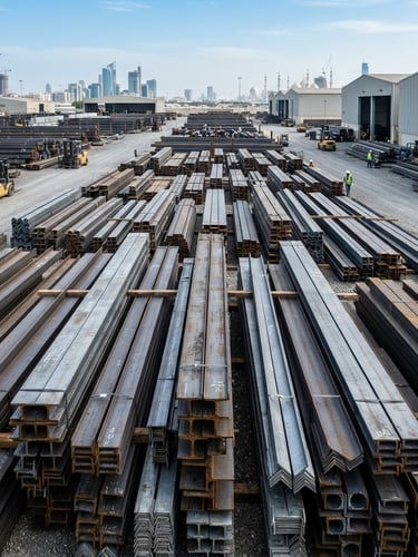 Neatly stacked industrial steel beams and structural profiles in an organized Abu Dhabi warehouse yard, bright cool daylight, sharp focus on metallic textures