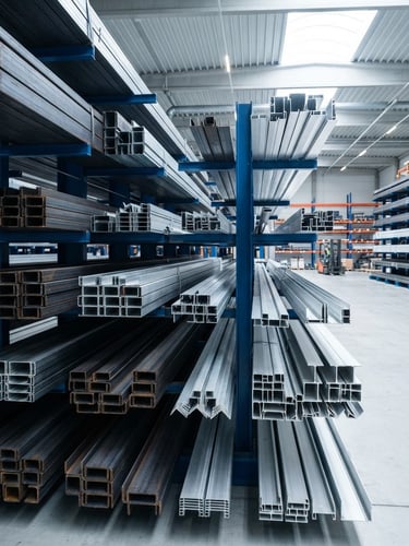 Clean industrial photography of neatly stacked structural steel channels and architectural aluminium profiles in a bright, organized warehouse, cool daylight.