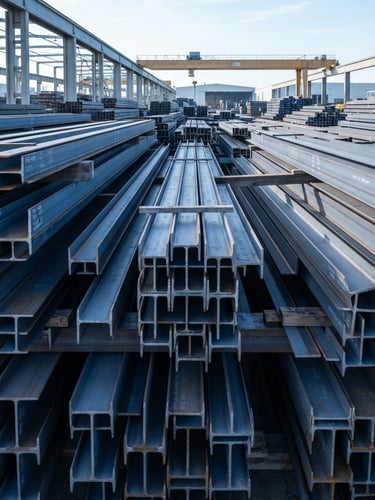 Clean industrial photography of neatly stacked structural steel profiles in bright cool daylight, sharp focus, metallic blue tones.
