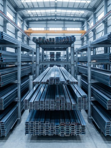 Neatly stacked structural steel bars in a bright, modern Abu Dhabi warehouse, clean industrial photography, cool daylight, sharp focus, high-contrast metallic tones, editorial architectural lens