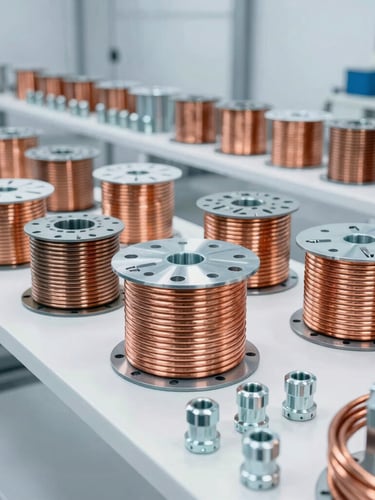 High-contrast clean industrial photograph of copper cabling spools and metal fittings arranged neatly in a bright, modern warehouse yard, cool daylight.