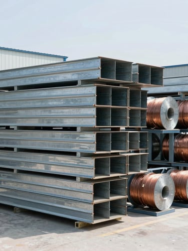 Neatly organized industrial warehouse with stacked steel profiles and copper cabling spools under bright daylight, clean industrial photography